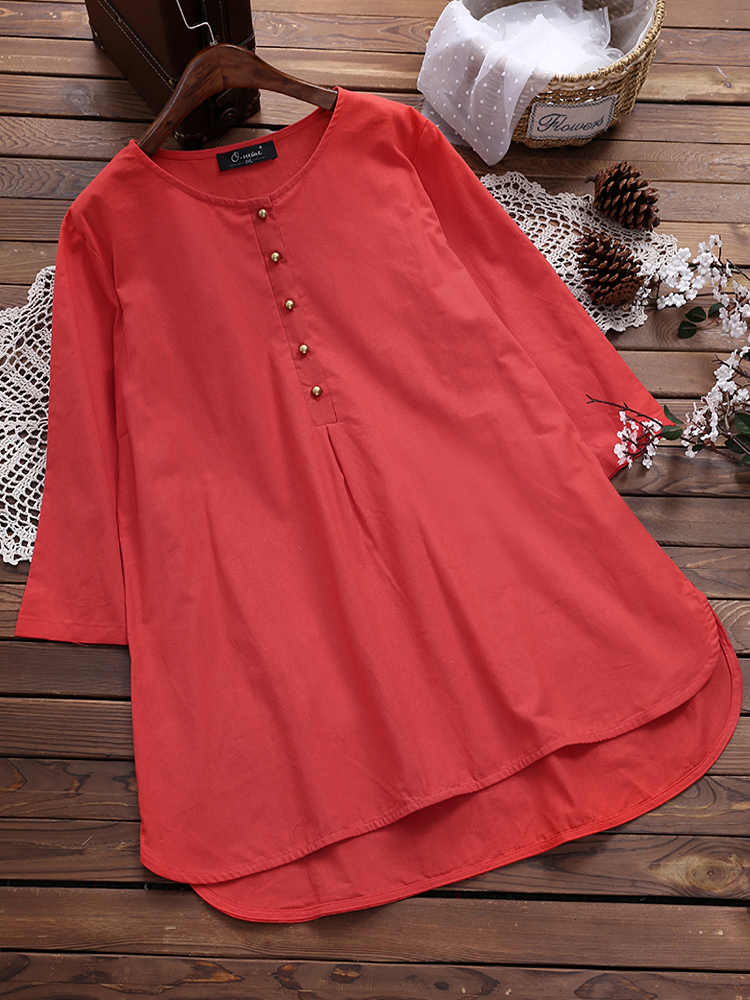 Loose Button 3/4 Sleeve O Neck Mid-Length Blouse - Newchic