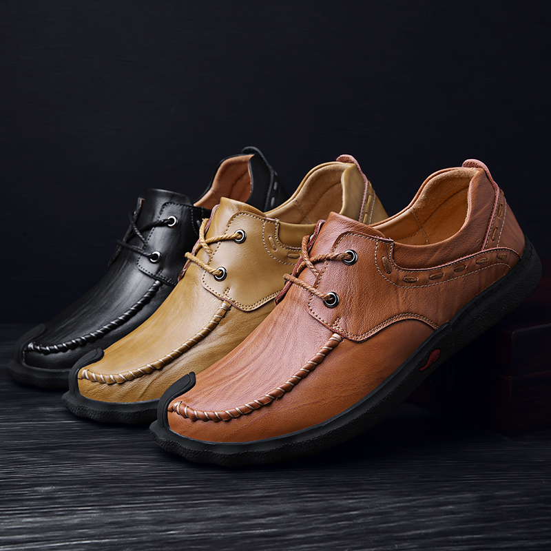 Men Genuine Leather Stitching Lace Up Soft Casual Shoes - NewChic