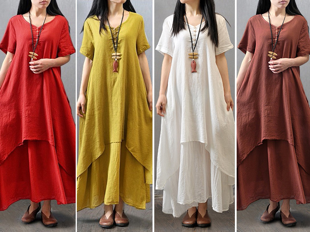 Fitted Vintage Solid Button Layer Pleated High Low Maxi Dress For Women ...